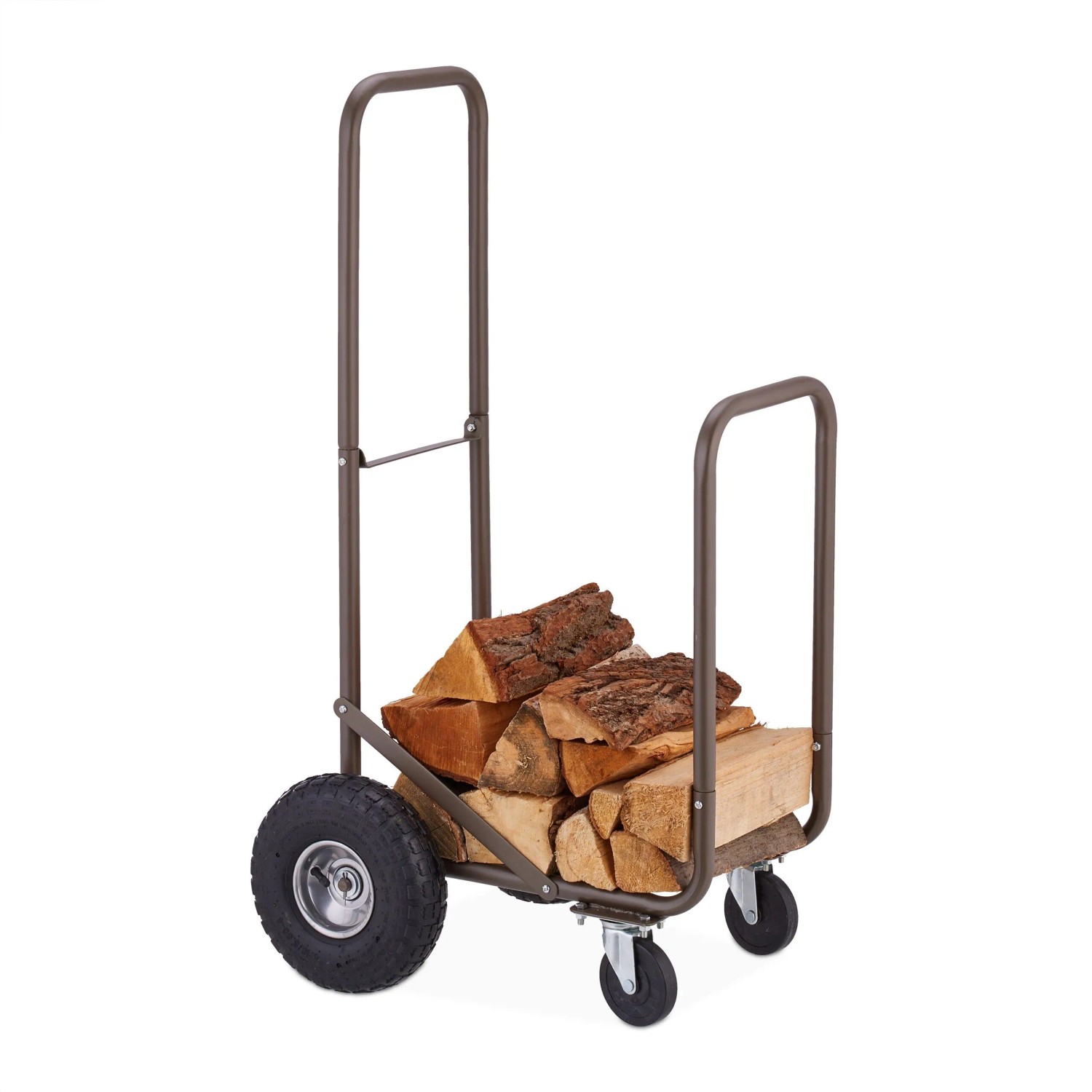 Relaxdays Kaminholzwagen Stahl Braun mit Luftreifen 108 cm x 52 cm x 56 cm