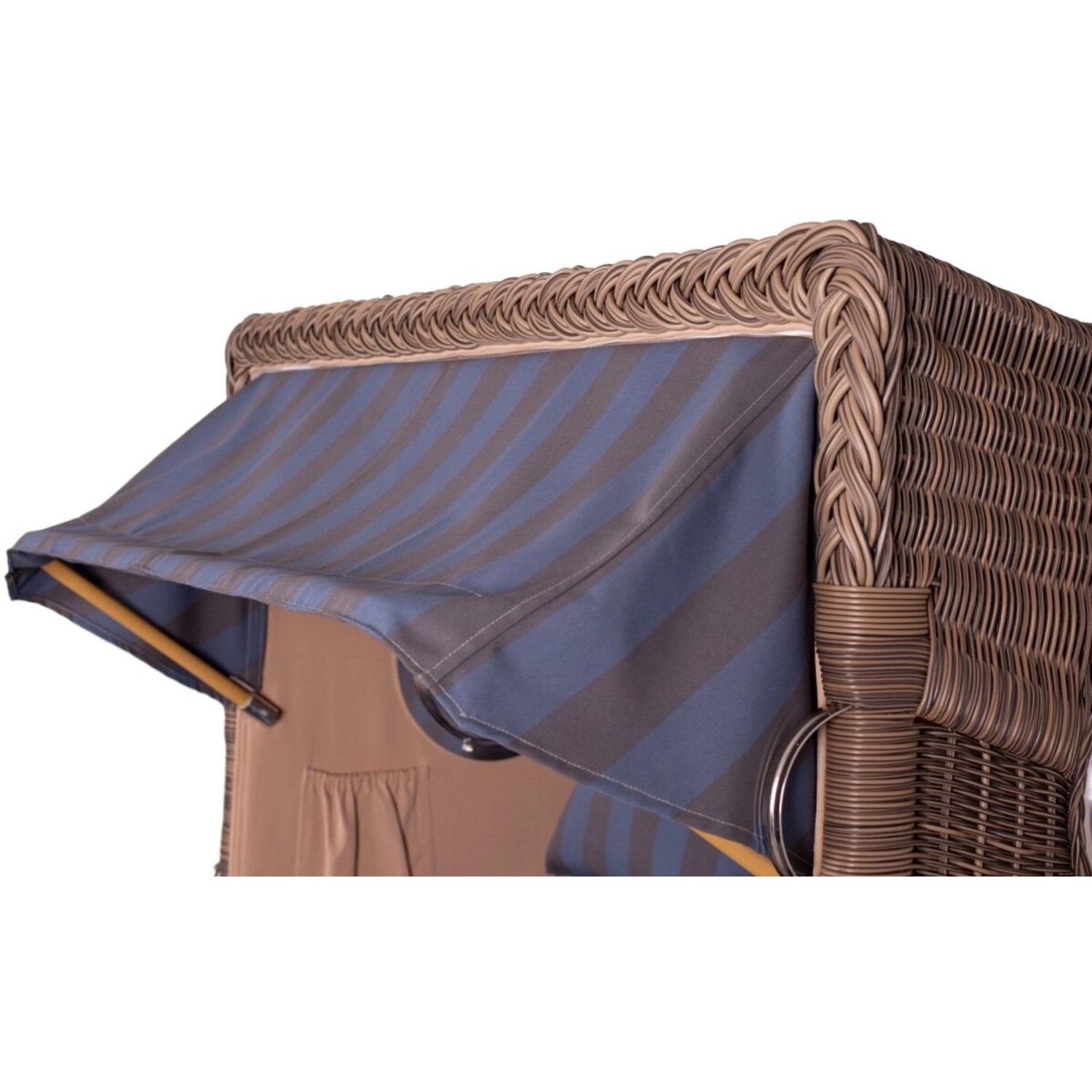 Detailansicht Strandkorb Ammersee Teak grau mit blau-grau gestreiftem Stoff und Bullauge.