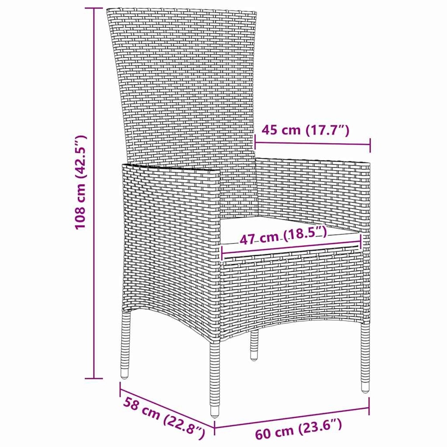 Skizze eines beigen Gartenstuhls aus Polyrattan mit Maßangaben für die Garten Essgruppe.
