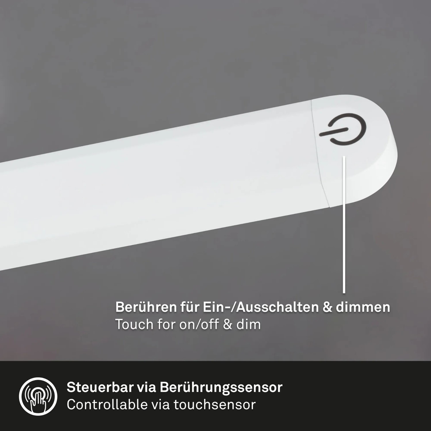 Detailaufnahme der weißen Brilo Stehleuchte Pivaz: Touch-Sensor zum Dimmen und Ein-/Ausschalten.