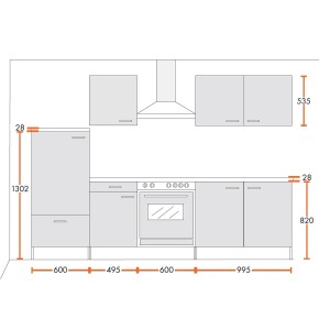 Skizze der Menke Küchenzeile Classic 270 cm in Lava/Sonoma Eiche mit Maßen.