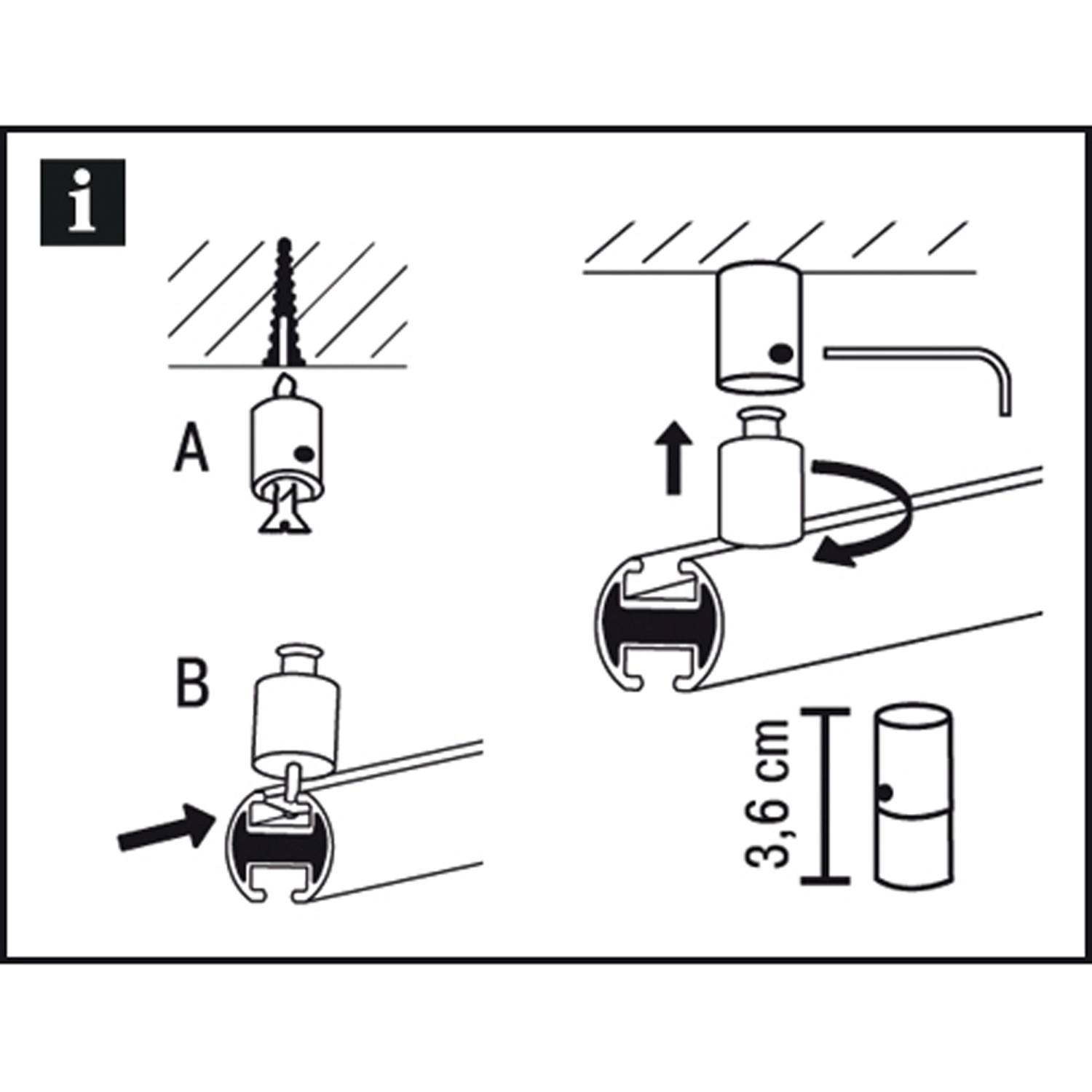 Montageanleitung für Gardinia Deckenträger Chicago, 3,6 cm, zur Befestigung von Stilgarnituren.