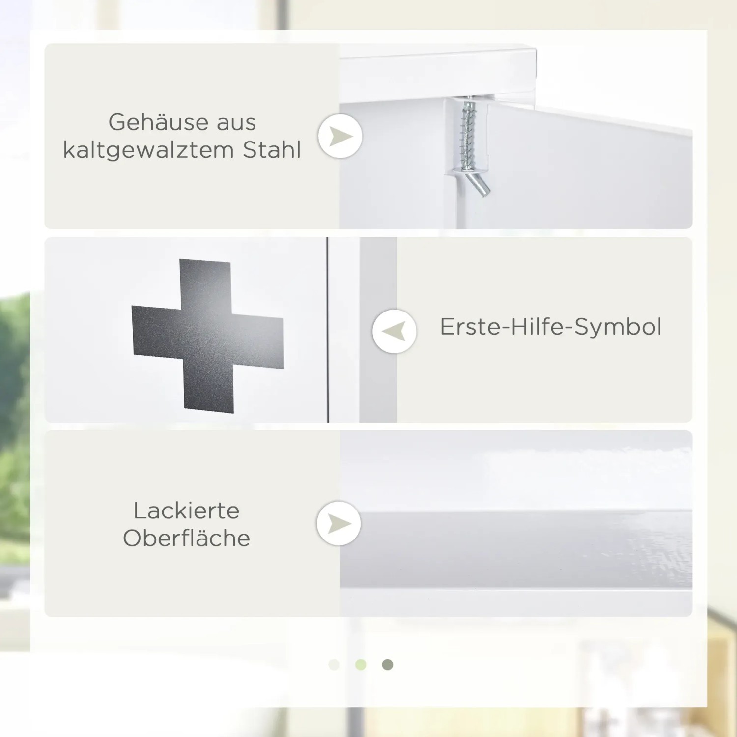 Detailansicht Kleankin Medizinschrank mit Erste-Hilfe-Kreuz, Stahlgehäuse und lackierter Oberfläche.