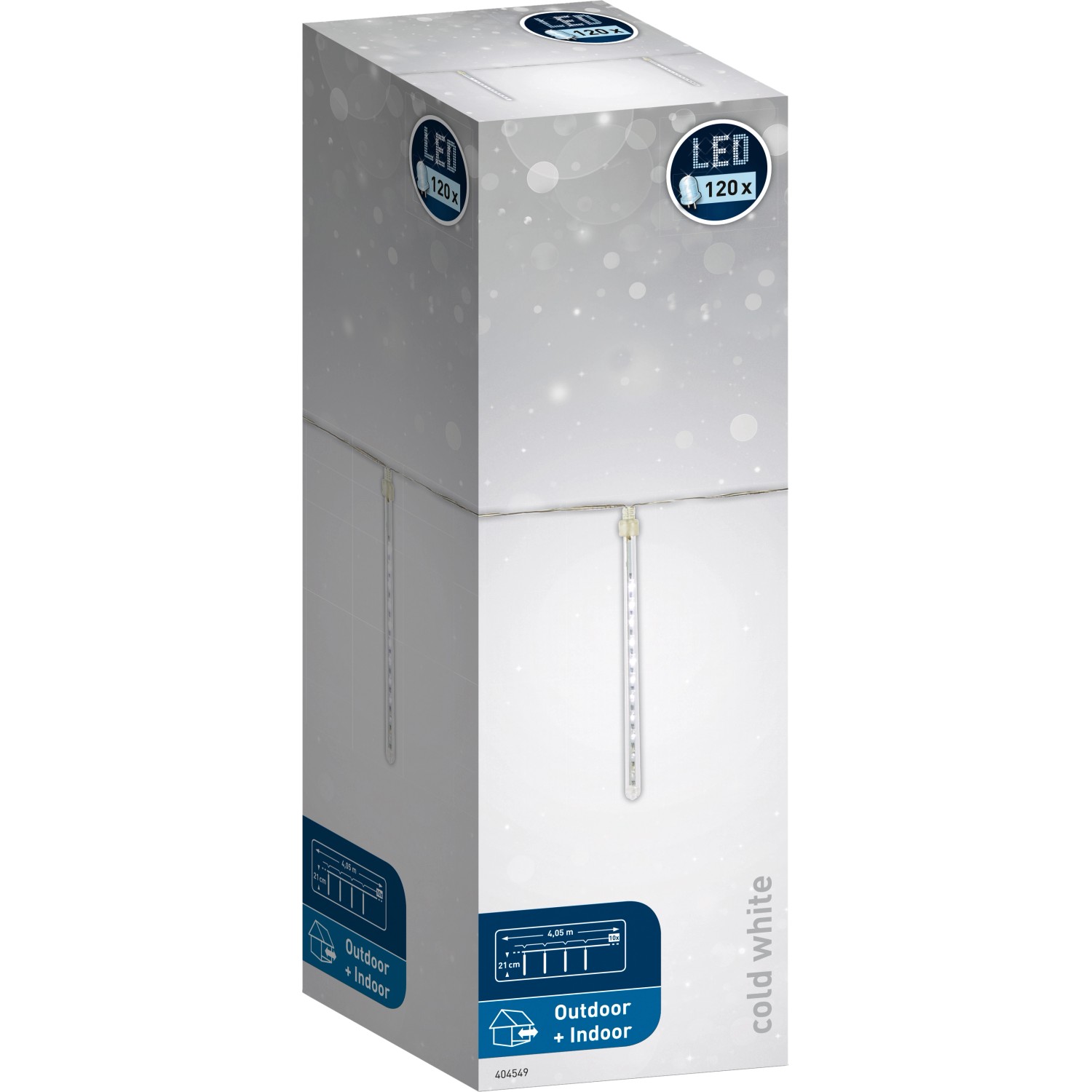 Verpackung des LED Lichtervorhangs Eisregen mit 120 kaltweißen LEDs für Innen und Außen.