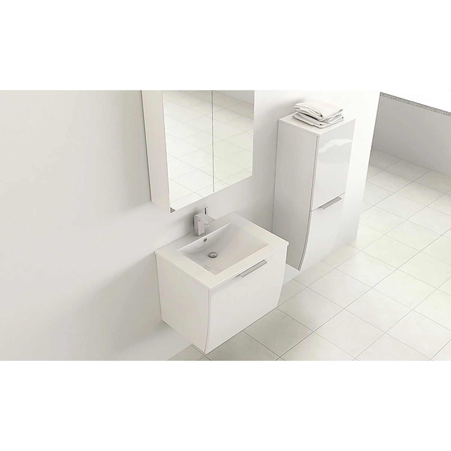 Jet-Line Badset Rorschach, hochglanz weiß: Waschbecken, Unterschrank, Spiegelschrank und Hochschrank.