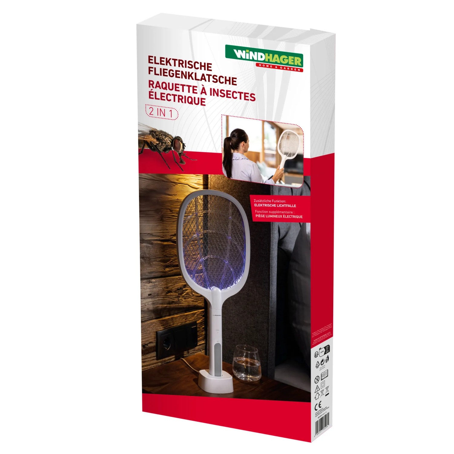 Windhager Fliegenklatsche 2-in-1 elektrisch, mit UV-Licht als Lichtfalle, in Verpackung.