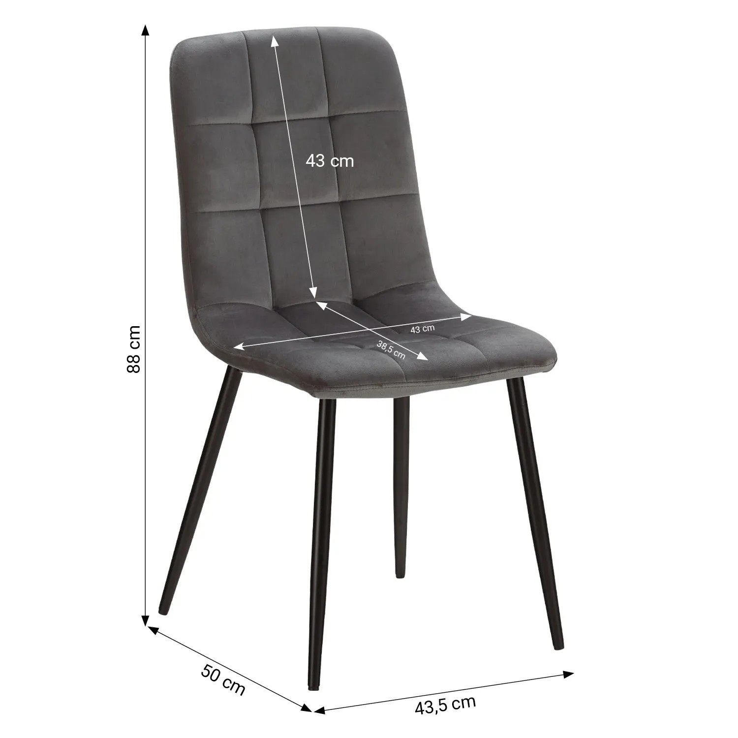 Homestyle4u Esszimmerstuhl, 6er Set, anthrazitfarbener Samt, schwarze Metallfüße.