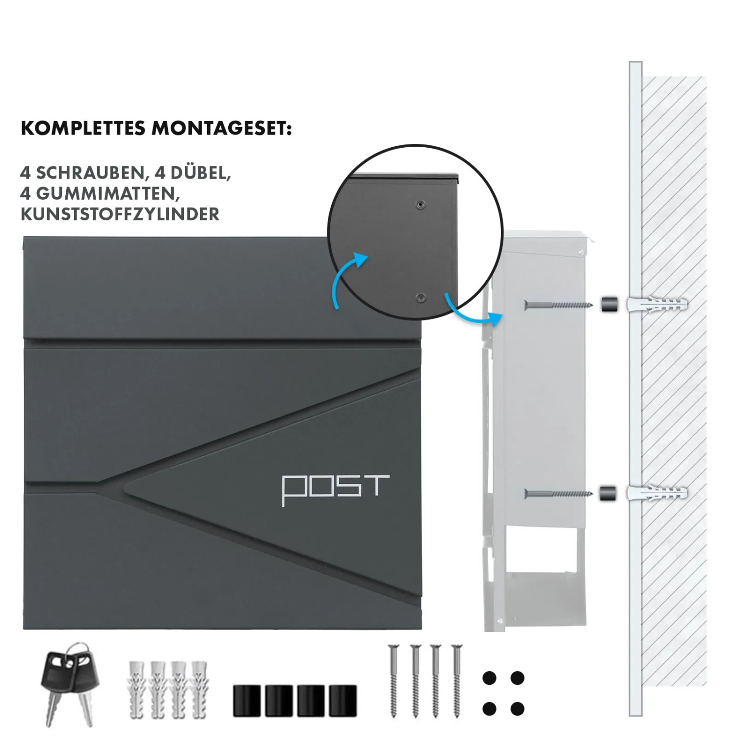 KARAT Briefkasten Armand Stahl, anthrazit, mit Zeitungsfach und Montageset für die Wandmontage.