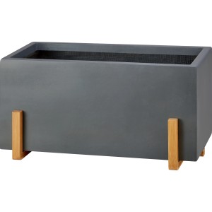 Rechteckiger, grauer Pflanzkasten Faserton Granit mit Holzgestell, 60x28x28 cm.