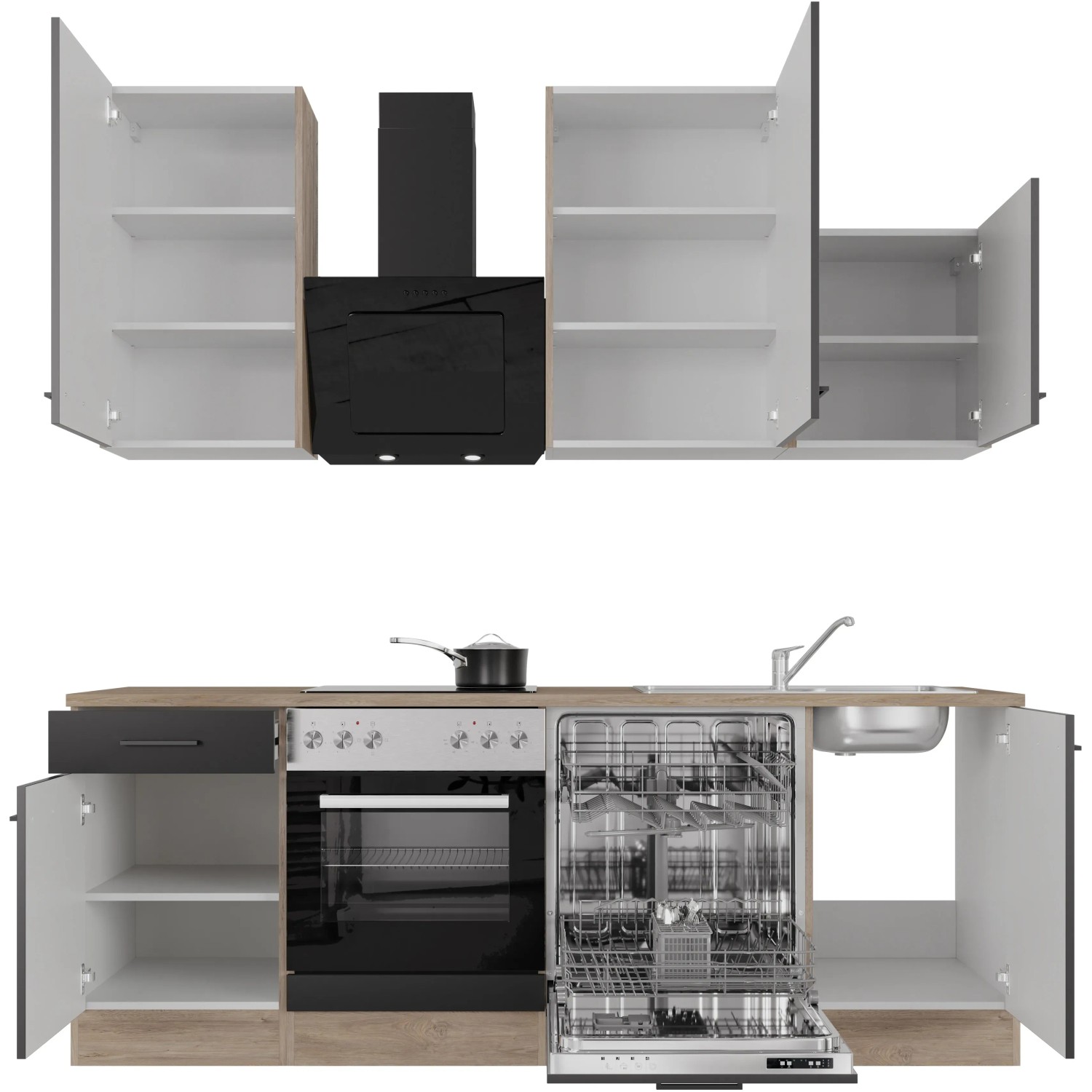 Flex-Well Küchenzeile Capri, 220 cm, schwarz matt/Eiche, mit E-Geräten und Spüle.