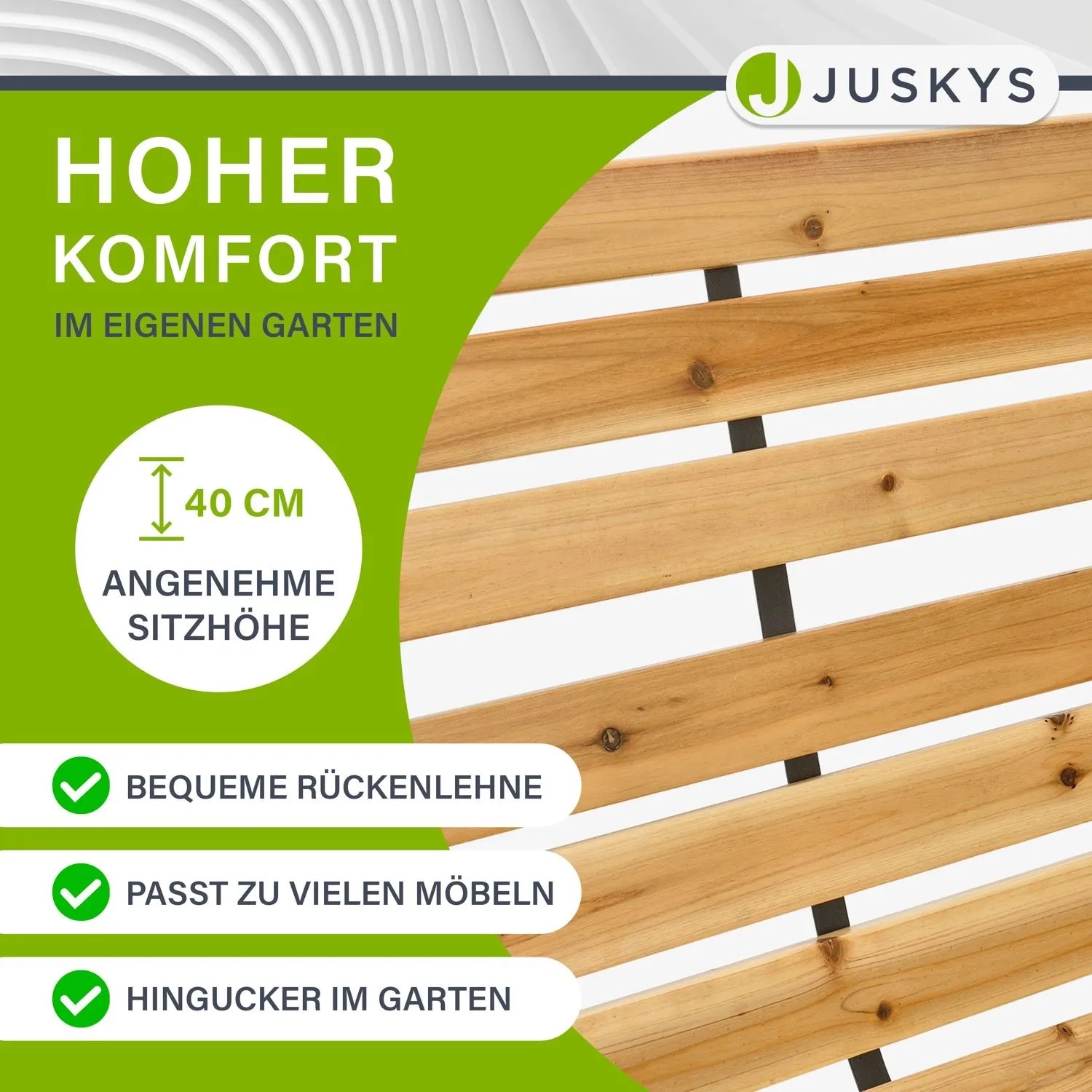 Juskys 2-Sitzer Gartenbank Modena aus Holz und Stahl, Detailansicht der Sitzfläche.
