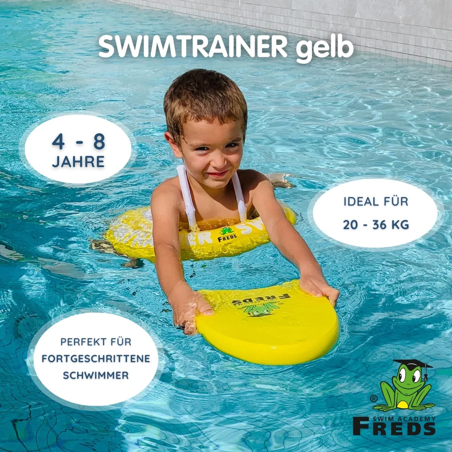 Kind mit gelbem Freds Swim Academy Schwimmreifen Classic im Wasser, geeignet für Kinder von 4-8 Jahren.