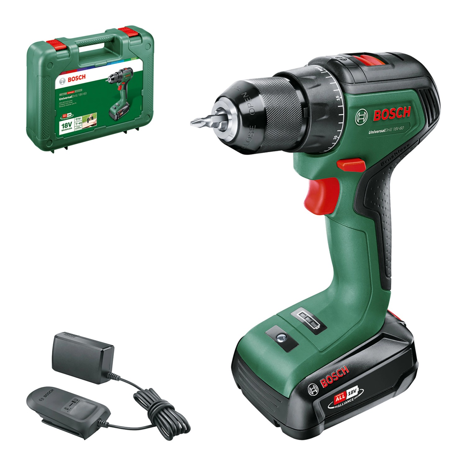 Bosch 18 V Akku-Bohrschrauber UniversalDrill 18V-60 inkl. 2 Ah Akku mit Koffer