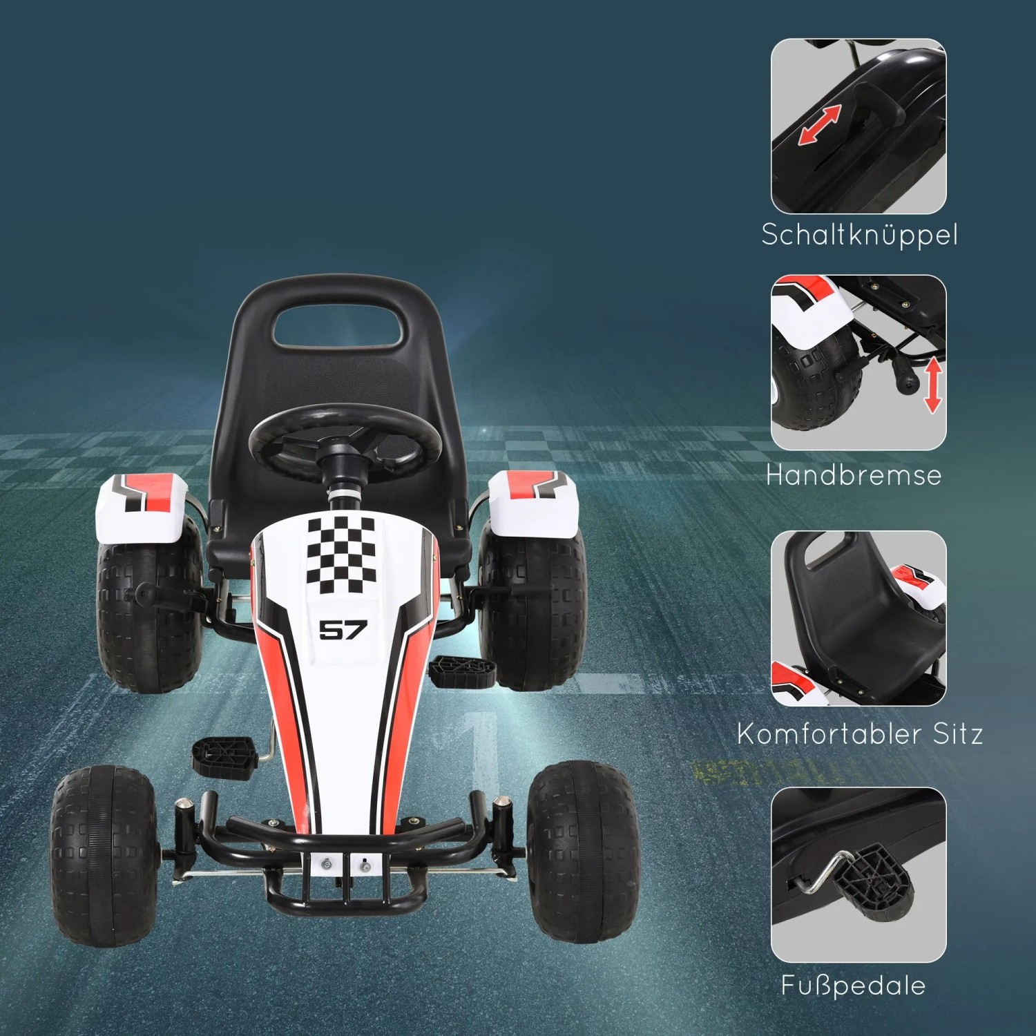 Weiß-rotes HOMCOM Go Kart Kinderfahrzeug mit Pedalantrieb, Bremsen und verstellbarem Sitz. Details: Schalthebel, Handbremse, Fußpedale.