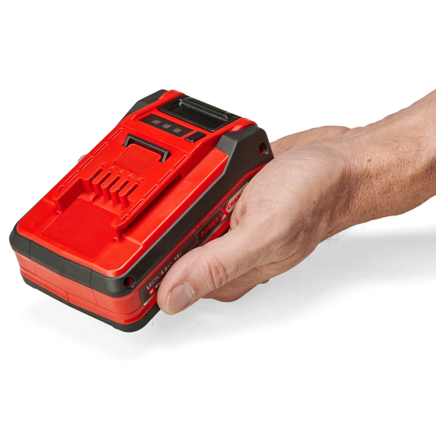 Einhell Power X-Change Akku 18V 4,0 Ah in Hand, rot/schwarz. Akku für Elektrowerkzeuge.