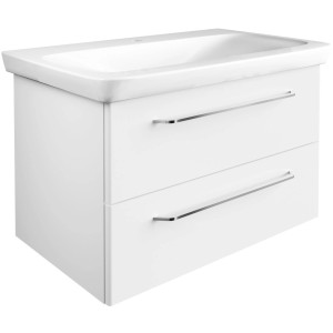 Fackelmann Waschbeckenunterschrank Milano, weiß, 80 cm breit, mit zwei Schubladen und Griffen.