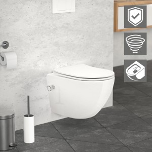 Weißes, spülrandloses Wand-WC LuxeBath mit Bidet-Funktion und Nano-Beschichtung.
