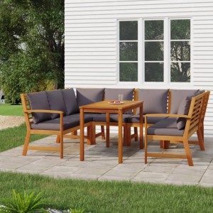 7-tlg. Garten Essgruppe aus Akazienholz mit grauen Kissen. Gartenmöbel Set mit Tisch, Bänken und Polstern.