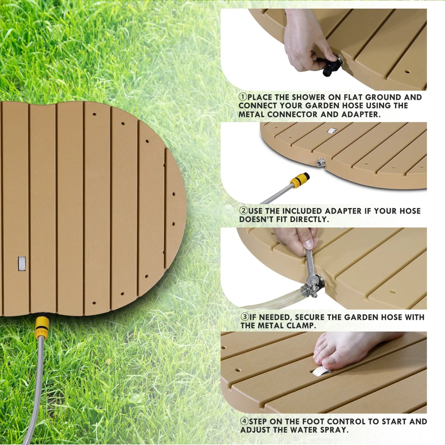 CCLIFE Gartendusche Bodendusche in Holzton: Montage und Anschluss des Gartenschlauchs dargestellt.