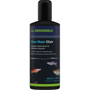 Dunkle Dennerle Clear Water Elixier 250 ml Flasche mit Fisch-Illustrationen. Flüssiges Filtermaterial für Süßwasser-Aquarien, klärt Wasser.