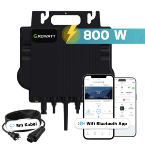 Growatt 800 W Wechselrichter, 5m Anschlusskabel und App-Anzeige für Balkonkraftwerk. Schwarz, kompakt, zur Stromerzeugung.