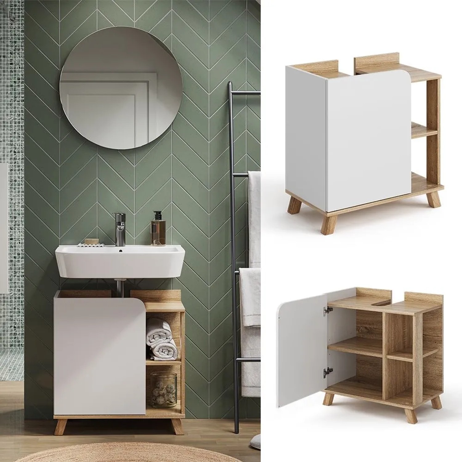 Vicco Waschbeckenunterschrank Karen, Sonoma/Weiß, 60 cm breit, mit Tür und offenen Fächern.