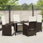 Braune 5-tlg. vidaXL Garten Essgruppe aus Poly Rattan mit Tisch und Stühlen mit Auflagen.