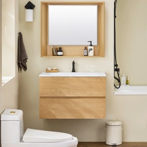 SoBuy Waschbeckenunterschrank Set BZR198-N mit Spiegel und Naturholz-Optik.