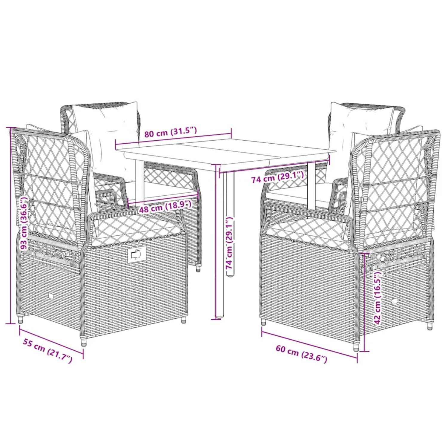 Graue 5-tlg. Garten-Essgruppe aus Polyrattan mit Tisch und 4 Stühlen mit Kissen.