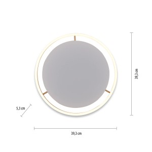 Moderne, runde LED Deckenleuchte Ritus in Messing matt, Ø 40cm, mit Maßangaben.