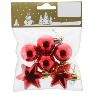 Deko-Set: 6 rote Kunststoff-Anhänger (4 Kugeln, 2 Sterne) für Weihnachtsbaum und Adventsdeko.