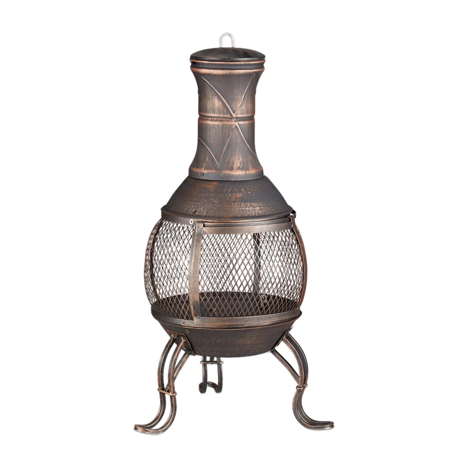 Relaxdays Aztekenofen Stahl Gusseisen Schwarz Bronze mit Schürhaken und Funkenschutz 89 cm x 44 cm x 44 cm