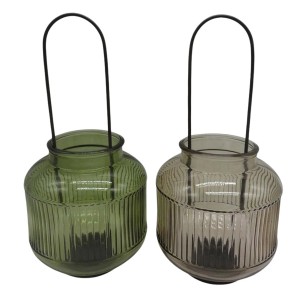 Boltze Windlicht Zenor, 2-fach sortiert, aus Glas mit Reliefmuster in Grün und Grau.