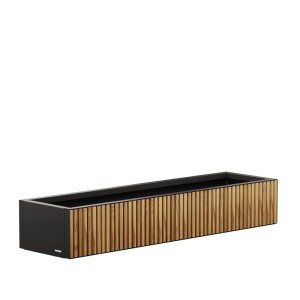 Herstera Garden Pflanzkübel Deco Planter Xic Wood, lang, schwarz mit vertikalen Holzlamellen.