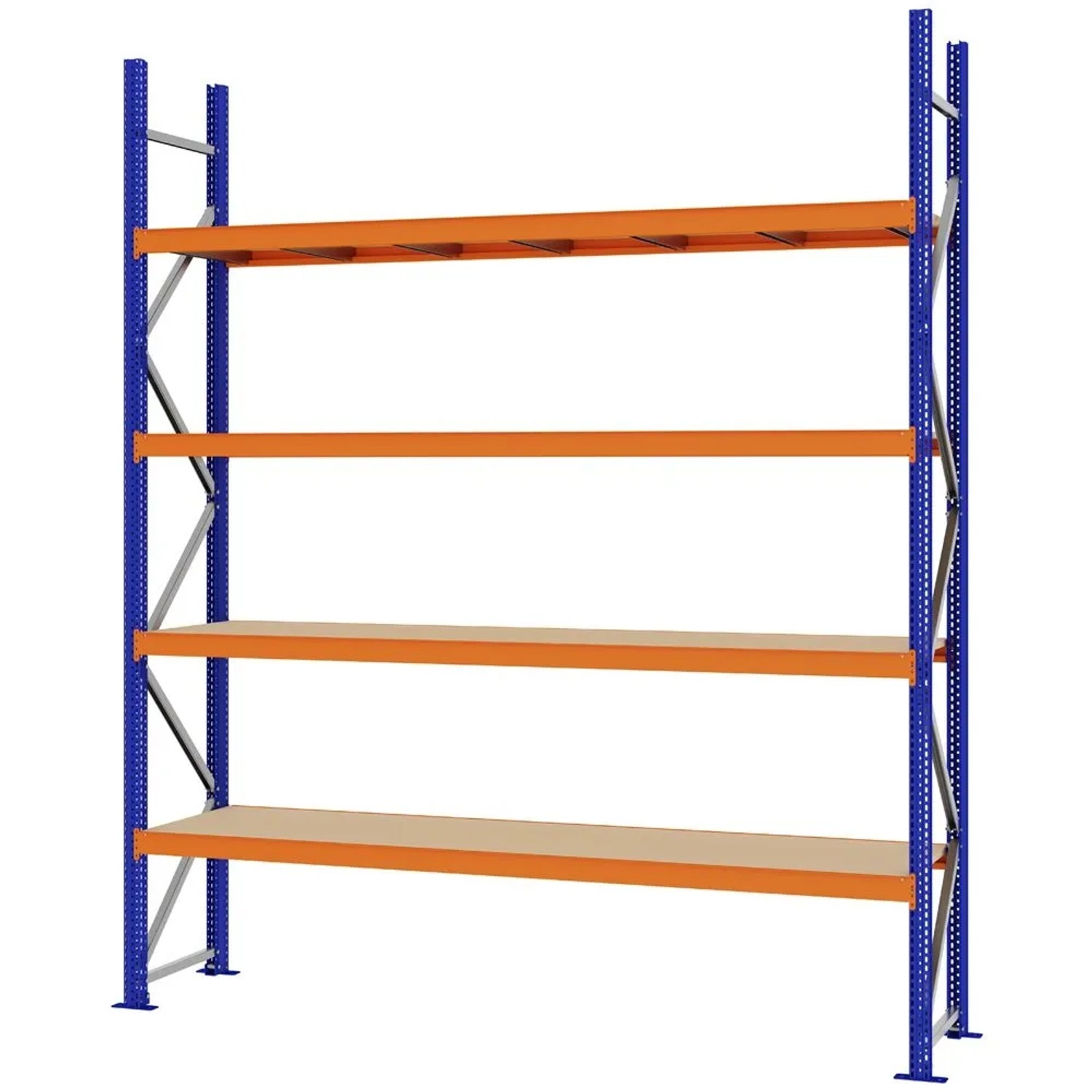 PROREGAL Weitspannregal Schraub-Stecksystem MAGNUS PRO Made In Germany Grundregal 300x250x50cm 4 Ebenen Spanplattenböden Fachlast 430kg Blau/Orange