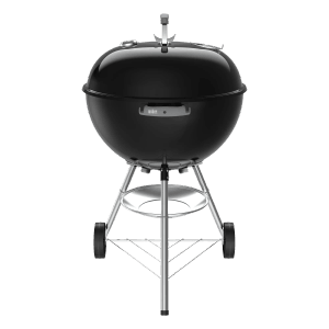 Schwarzer Weber Holzkohlegrill Bar-B Kettle 57 cm mit Deckelthermometer und Ascheauffangschale.