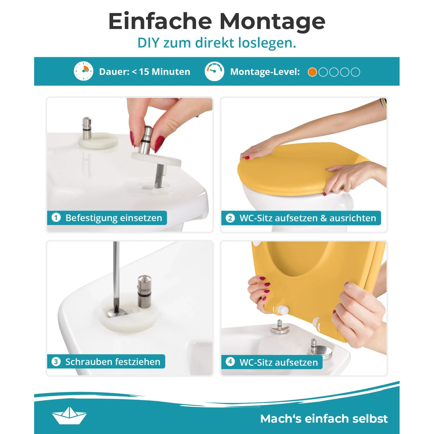 Anleitung: Curry-gelben Calmwaters WC-Sitz mit Absenkautomatik einfach montieren. Schnelle 4-Schritte-Installation.