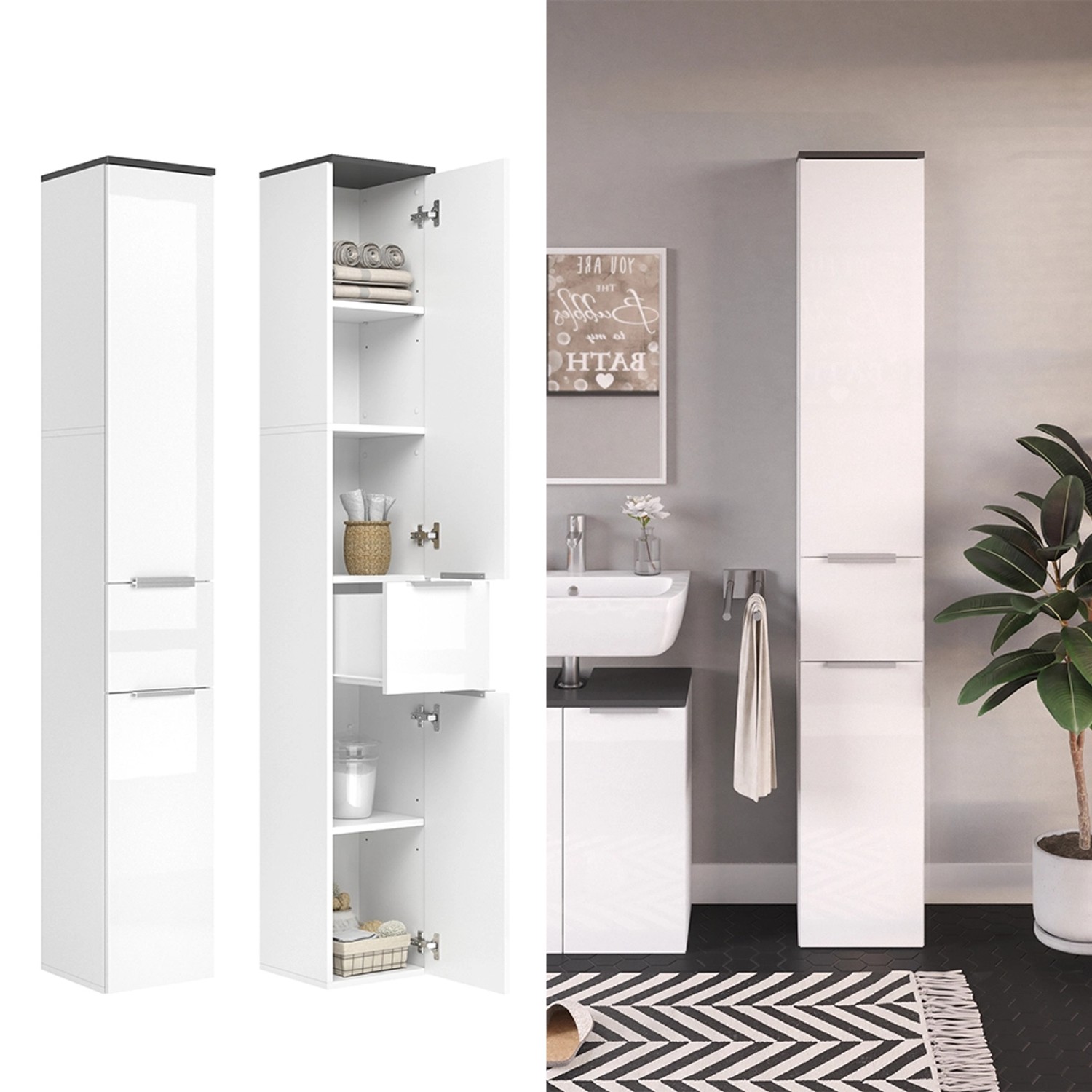 Vicco Badschrank Otis, weiß hochglanz/anthrazit, 30x190 cm, mit Stauraum für Badartikel.