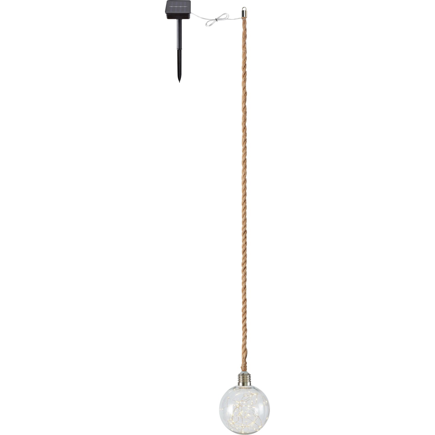 Solar-Ball Sotta mit Seil, klare Kugel mit warmweißen LEDs, Ø 15cm, für Garten & Balkon.