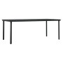 Schwarzer vidaXL Gartentisch, Teil der 7-tlg. Essgruppe, mit Glasplatte und Stahlgestell.