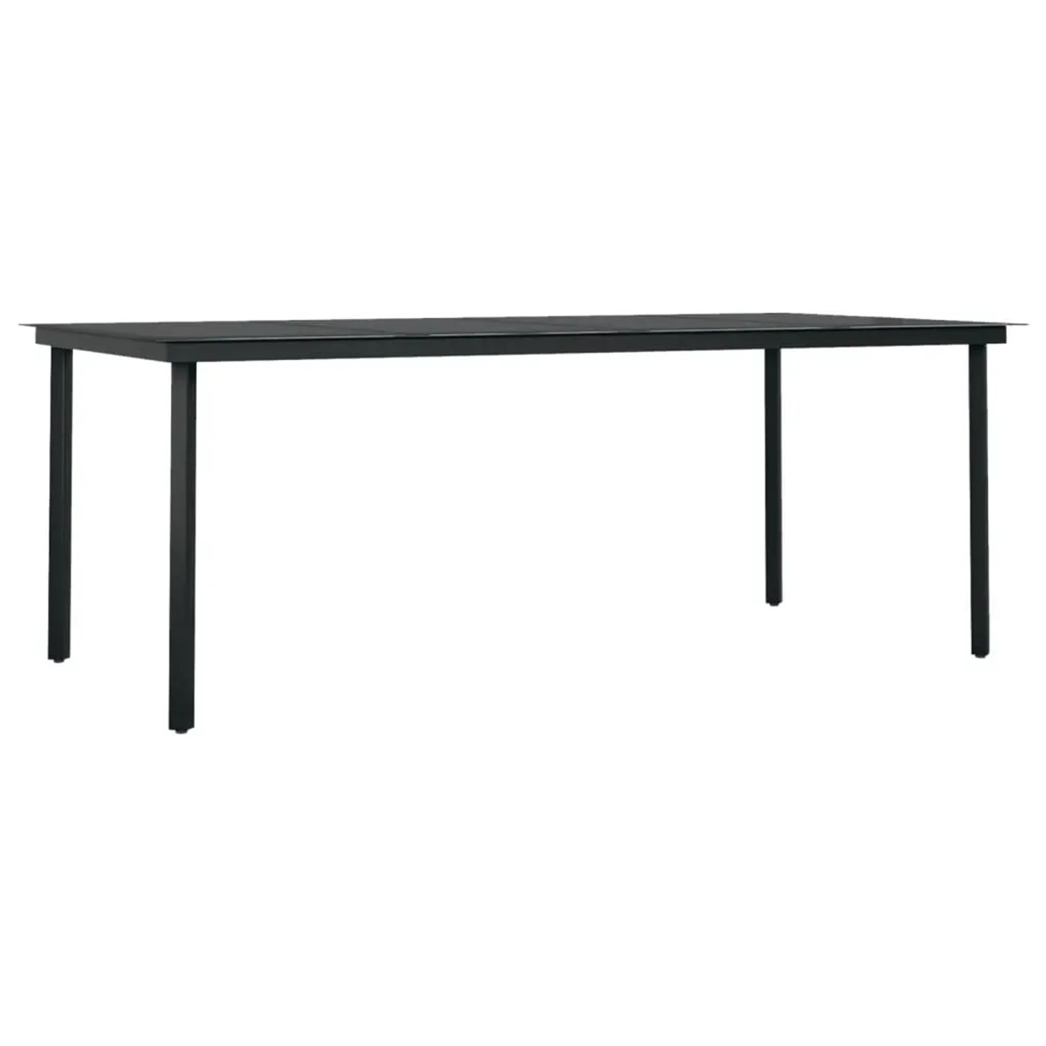 Schwarzer vidaXL Gartentisch, Teil der 7-tlg. Essgruppe, mit Glasplatte und Stahlgestell.