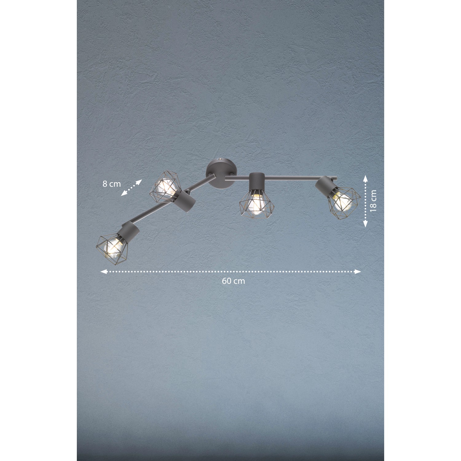 Mattgraue Fischer & Honsel Deckenleuchte Ran mit vier Spots und Chromelementen.