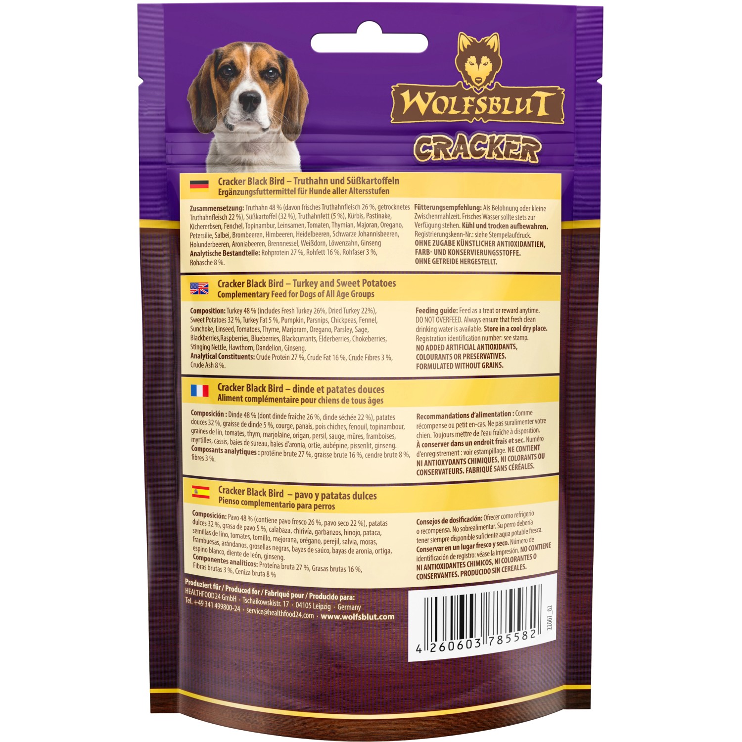 Wolfsblut Hundesnack Cracker Black Bird, 70g Packung mit Truthahn und Süßkartoffel.