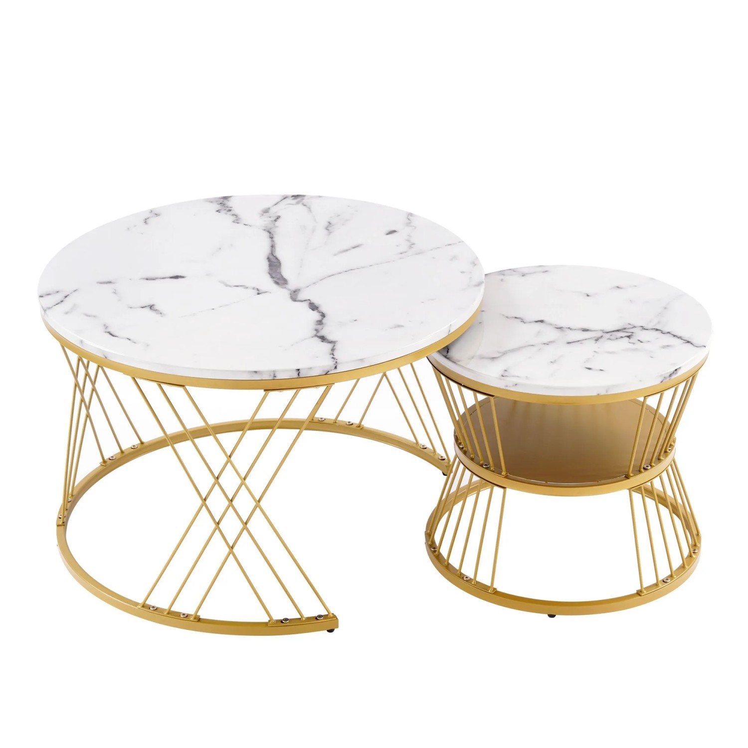 ModernLuxe 2er Set Satztische mit Ablage Marmoroptik MDF Metall Weiß