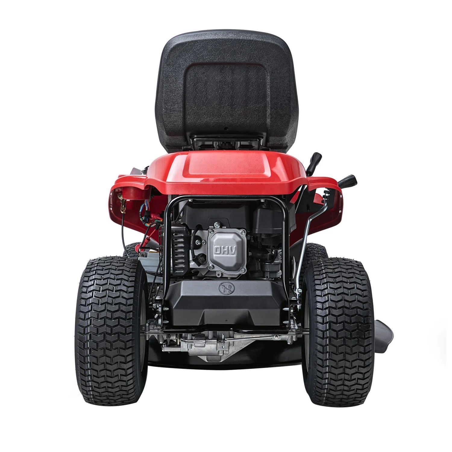 Roter Troy-Bilt Aufsitzmäher Mini-Rider 76T-S, Heckansicht.