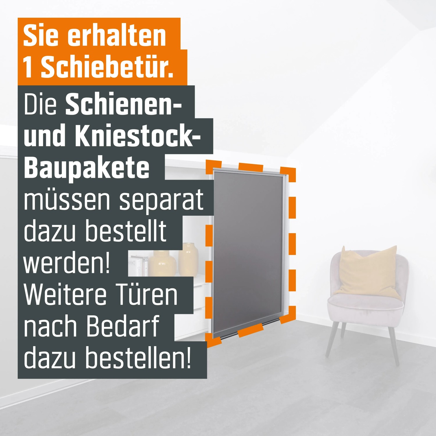 Kniestock-Baupaket mit silbernem Profil und taupefarbener Tür in Dachschräge.