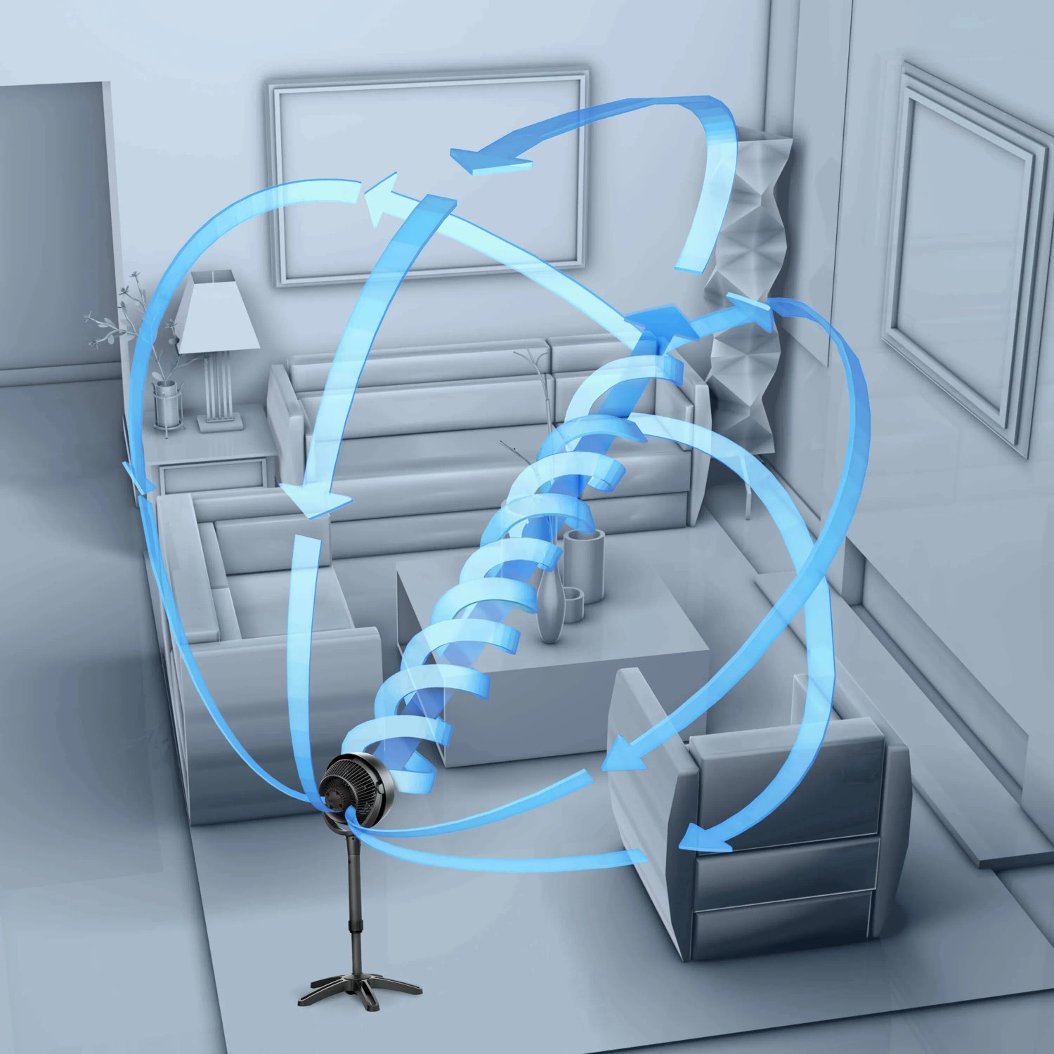 Vornado Standventilator 683 Schwarz im Raum mit Luftstrom-Illustration.