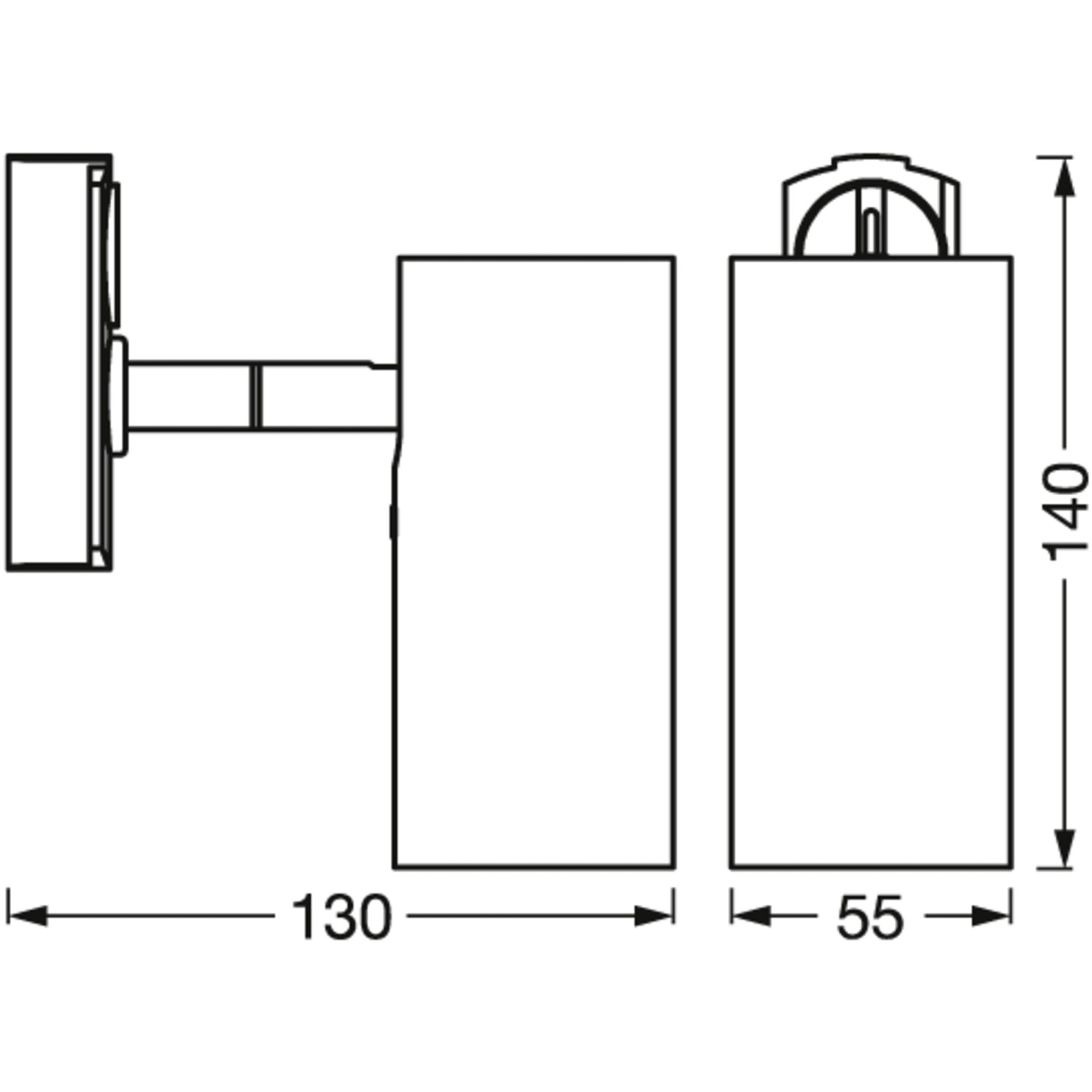 Technische Zeichnung Ledvance Schienensystem Spot Stelle Cylinder, weiße Leuchte mit Maßen.