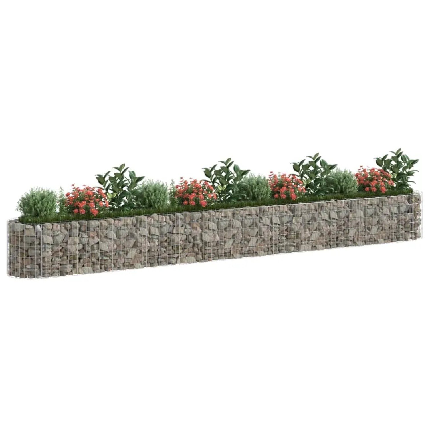 Langes Gabionen-Hochbeet aus verzinktem Eisen, gefüllt mit Steinen und bepflanzt mit Büschen und Blumen.