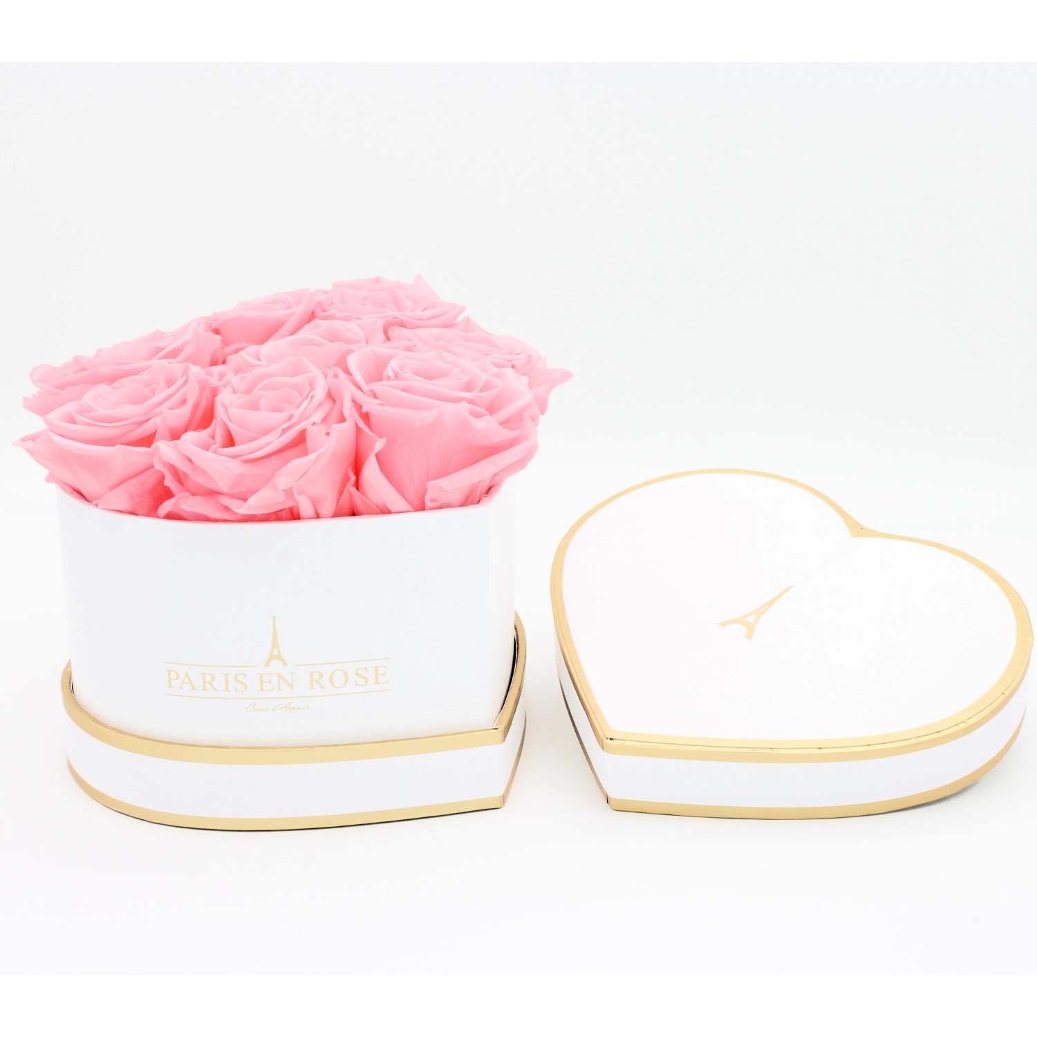 Rosenbox Herz, weiß-gold, mit 8 rosa Rosen. Romantischer Blumenstrauß im edlen Design.